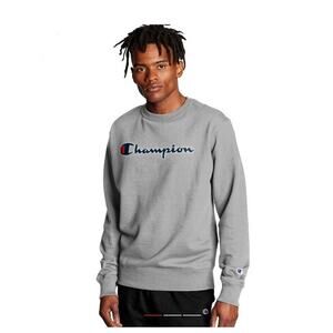 Champion Men Powerblend Fleece Logo Crew Sweatshirt Oxford Grey Size L